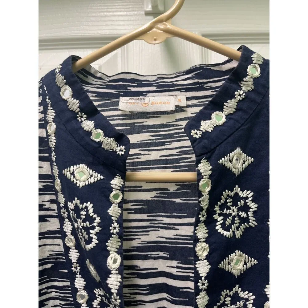 Tory Burch V-Neck Long Sleeve Mockneck Side Slit Mirror Accent Tunic Top Size 10